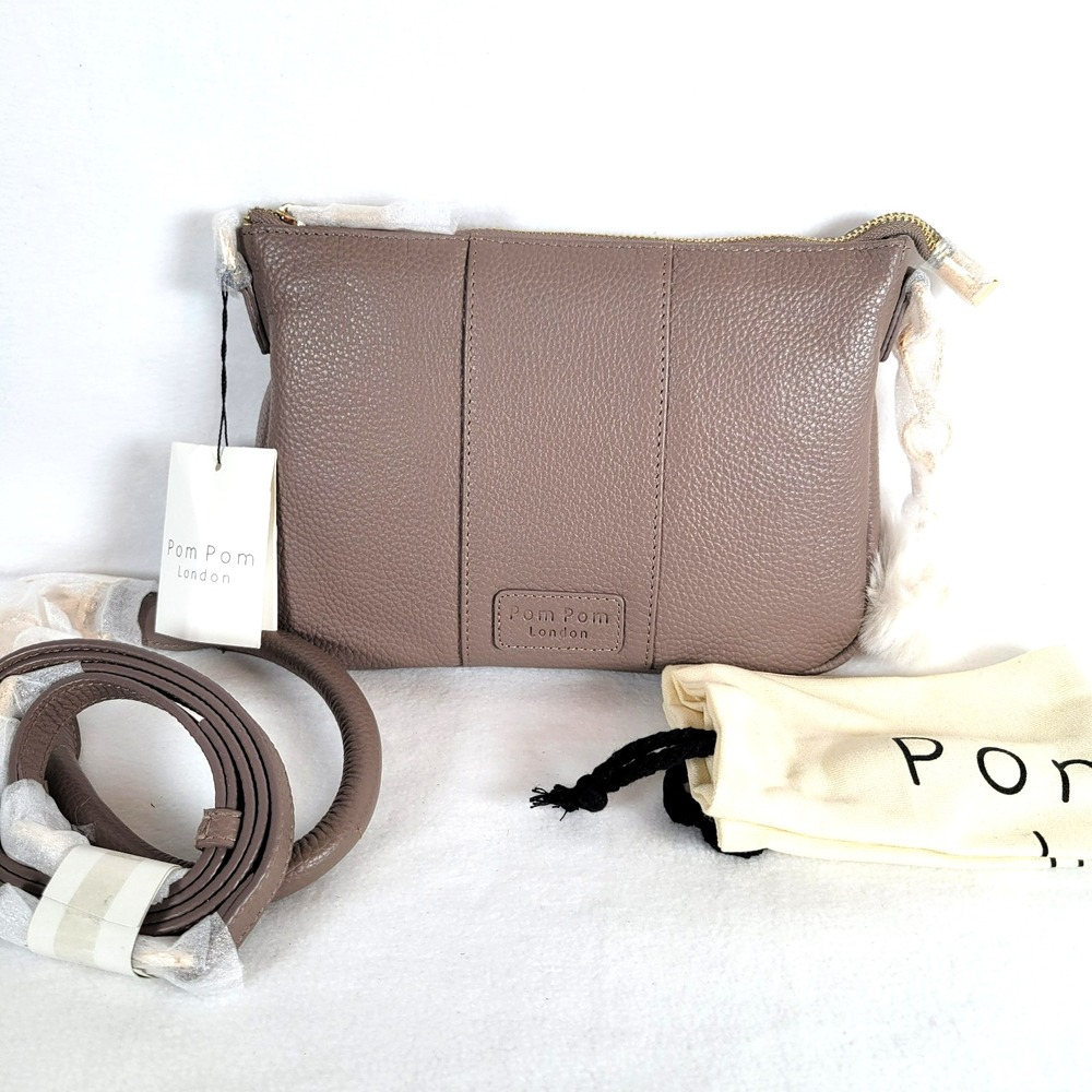 Pom Pom London Women Pebbled Leather Crossbody Bag Size Small Mocha Brown